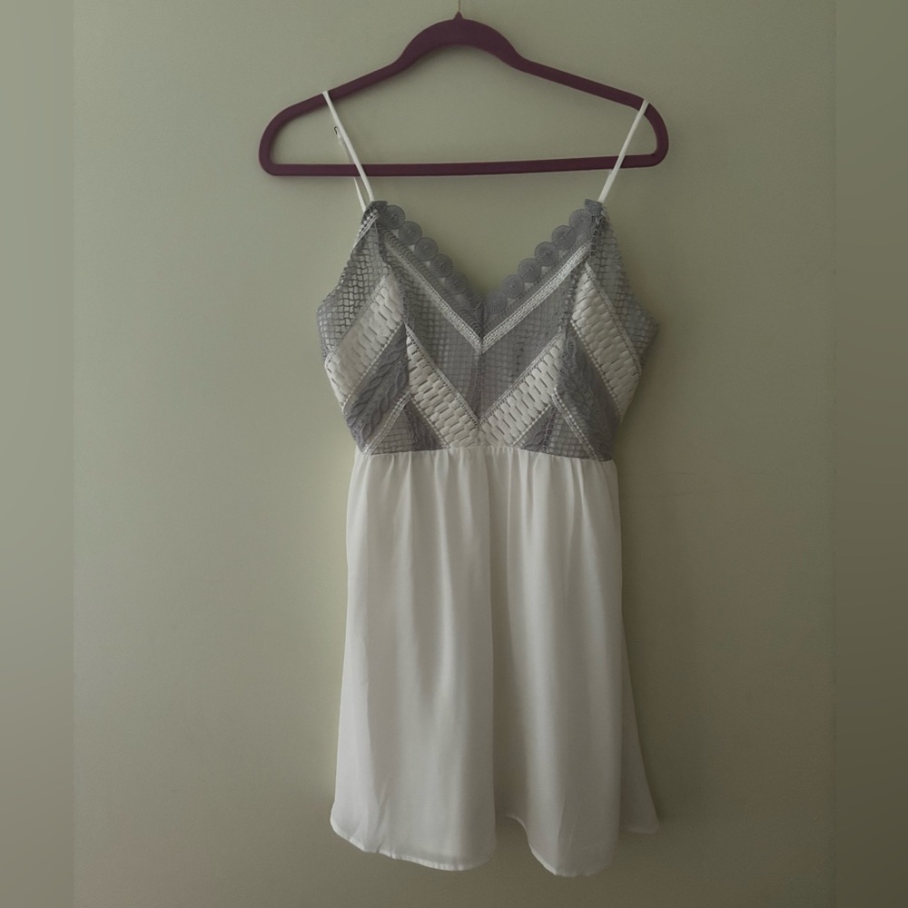 New Francesca’s White Spaghetti Adjustable Strap Dress w/ Silver Embroidery